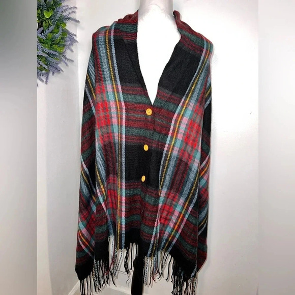 Black multicolored plaid convertible,3-button shawl w/ fringes 72”25.5” 4”fringe - Picture 5 of 5